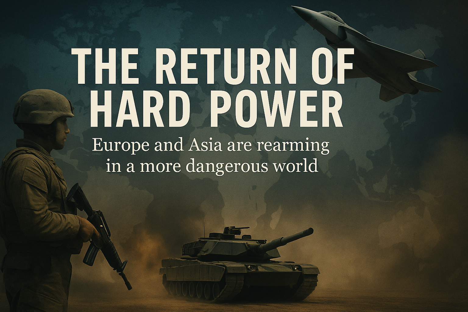 The Global Surge in Defense Spending: A Deep Dive into Post-2020 Trends in Europe and Asia Soldier, tank, and fighter jet over a faded map backdrop symbolizing rising global defense spending in a new age of hard power.